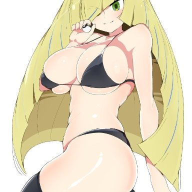 1girls, 2021, alternate breast size, bikini, black bikini, black thighhighs, blonde hair, breasts, female, female only, green eyes, hair over one eye, hips, holding object, huge breasts