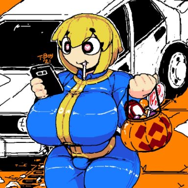 1futa, big breasts, blonde hair, bodysuit, breasts, bulge, candy, clothed, clothing, cosplay, fully clothed, futa only, futanari, halloween, halloween costume