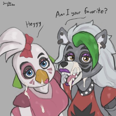 2girls, animatronic, anthro, beak, bird humanoid, cum, cum on face, cum on upper body, facial, five nights at freddy's, five nights at freddy's: security breach, fnaf security breach, glamrock chica (fnaf), jumbogumbo, looking at viewer