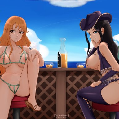 2girls, ass, bar, beach, big ass, big breasts, big butt, bikini, bikini bottom, bikini top, black hair, blue eyes, breasts, breasts outside, brown eyes