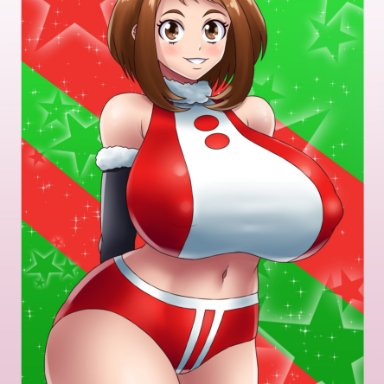 1girls, arm warmers, arms behind back, artist signature, azraelwebster, big breasts, blush, breasts, brown eyes, brown hair, christmas outfit, clothed, clothed female, eyelashes, female