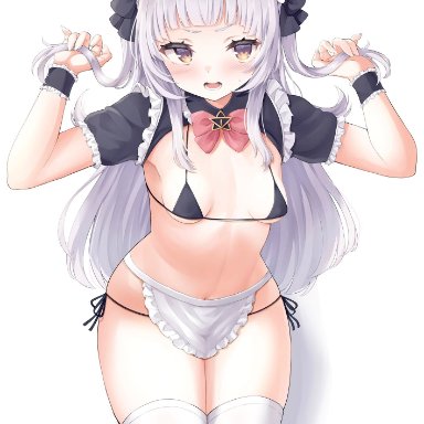 angry, bikini, blush, bowtie, breasts, cat ears, embarrassed, fake animal ears, grey hair, hololive, kneeling, long hair, looking at viewer, maid, maid bikini