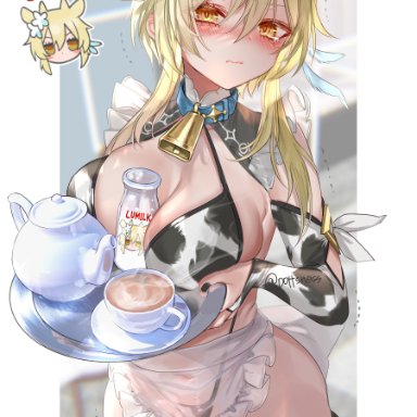 1girls, absurd res, bangs, bell, bell collar, between breasts, big breasts, blonde, blonde hair, blush, breasts, collar, cow ears, cow horns, cow print