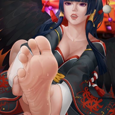 1girls, 2021, artist signature, bare feet, bare legs, cleavage, clothed, clothed female, dark hair, dead or alive, feet, female, female only, foot fetish, foot focus