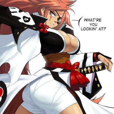 1girls, 2021, arc system works, ass, baiken, bare legs, breasts, cleavage, clothed, clothed female, dialogue, echosaber, english text, female, female only