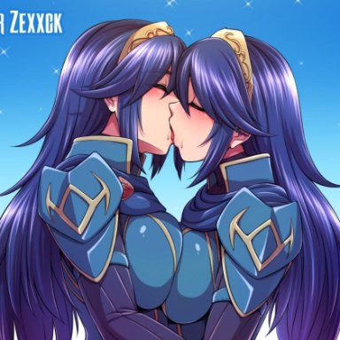 2girls, armor, artist name, blue background, blue hair, breasts, closed eyes, commentary, commission, doctor zexxck, dual persona, english commentary, eyebrows visible through hair, fire emblem, fire emblem: awakening