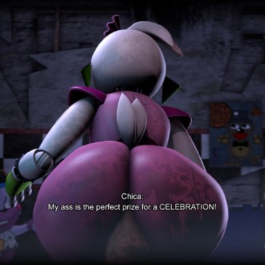 absurd res, adjajdaks, avian, bird, chicken, detailed background, duo, english text, female, five nights at freddy's, five nights at freddy's: security breach, from behind position, galliform, gallus (genus), glamrock chica (fnaf)