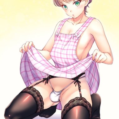 1boy, balls, blush, bulge, chinanago7010, eye contact, femboy, girly, green eyes, looking at viewer, male, original, panties, penis bukge, short hair