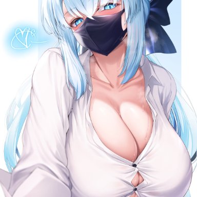 1girls, 2021, alternate breast size, barely contained, black mask, blue eyes, blush, blushing profusely, bow, bow in hair, breasts, cleavage, clothed, clothed female, facemask