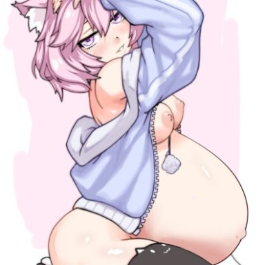 1girls, alternate version available, ass, belly, big ass, big belly, breasts, cat ears, catgirl, edit, female, female only, fuzzy balls, hand on head, hoodie open