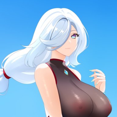 1girls, absurd res, areola, areolae, bare shoulders, black bodysuit, blue background, blue eyes, bodysuit, breasts, cleavage, female, genshin impact, hair over one eye, hi res