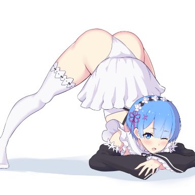 big ass, big butt, blue eyes, blue hair, clothed, female, jack-o pose, maid uniform, rem (re:zero), showing ass, thick thighs