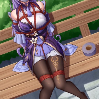 arms behind back, arms tied behind back, bondage, bondage, bound legs, crotch rope, double bun, gag, gagged, genshin impact, hair cones, keqing (genshin impact), looking at viewer, purple eyes, purple hair