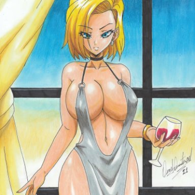 1girls, 2021, android 18, bare thighs, blonde hair, blue eyes, cleavage, commission, dragon ball, huge breasts, navel, nipple bulge, no bra, pencil (artwork), ravern clouk