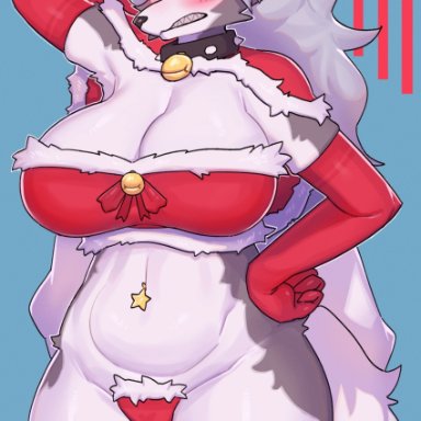 anthro, armwear, big breasts, blush, breasts, canid, canid demon, christmas, christmas clothing, christmas headwear, clothed, clothing, collar, demon, ear piercing