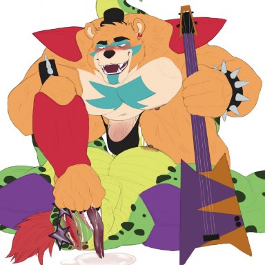 anthro, blush, bodily fluids, clothing, duo, feet in face, five nights at freddy's, five nights at freddy's: security breach, foot fetish, genitals, glamrock freddy (fnaf), guitar, hi res, islate (artist), machine