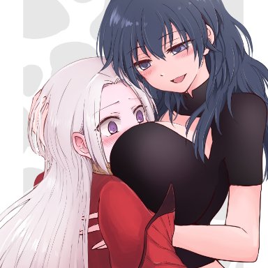 2girls, blue eyes, blush, breast smother, byleth (fire emblem), byleth (fire emblem) (female), edelgard von hresvelg, embarrassed, fire emblem, fire emblem: three houses, head between breasts, hug, huge breasts, long hair, medium hair