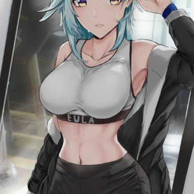 1girls, abs, bare shoulders, black jacket, black shorts, blue hair, breasts, character name, cowboy shot, eula (genshin impact), genshin impact, gym shorts, gym uniform, hairband, hand up