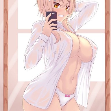 big breasts, blonde hair, breasts, genshin impact, hair ornament, huge breasts, large breasts, looking at viewer, lumine (genshin impact), mirror, mirror selfie, navel, no bra, nottytiffy, panties