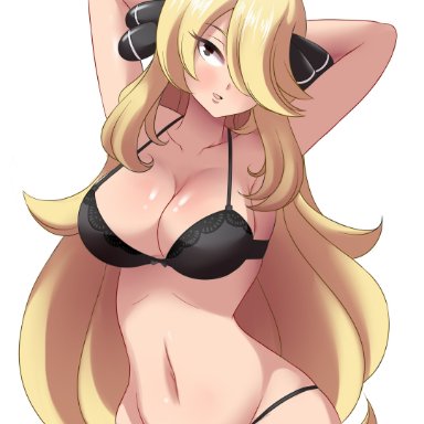 alternate costume, blonde hair, bra, breasts, cynthia (pokemon), lucyfercomic, nintendo, open mouth, panties, pokemon