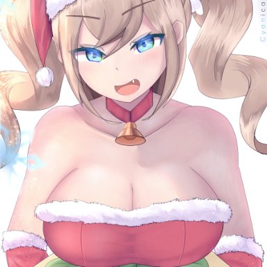 1girls, barbara (genshin impact), blonde hair, blue eyes, blush, breasts, christmas, christmas outfit, cleavage, cyanical, fang, genshin impact, heart-shaped pupils, hi res, jingle bell