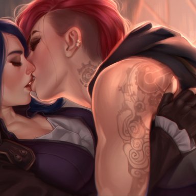 2girls, absurdres, arcane, caitlyn, canon couple, female, female only, highres, kissing, league of legends, othalam, tattoo, vi, yuri