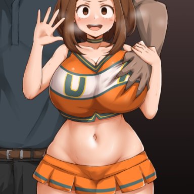 1boy, 1girls, absurd res, alternate version available, big breasts, blush, breast grab, breasts, brown eyes, brown hair, cheerleader, cheerleader uniform, choker, curvy female, curvy figure