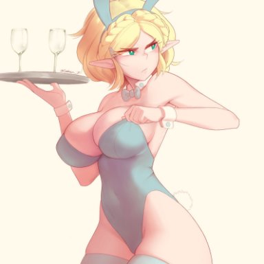 arms wrapped around breasts, blue clothing, breath of the wild 2, bunny ears, bunny girl, bunnysuit, cleavage overflow, embarrassed, frown, gaken if, holding glasses, holding plate, princess zelda, pulling up shirt, the legend of zelda