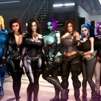 11girls, 3d, 3d (artwork), 6+girls, alternate breast size, alternate version available, android 18, assassin, athletic, athletic female, avengers, becca (vaako), big breasts, big tiddy goth, big titty goth