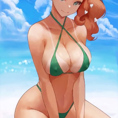 1girls, absurd res, artist signature, bangs, beach, belly button, bikini, blue sky, breasts, cleavage, covered erect nipples, curvy, edit, erect nipples, erect nipples under clothes