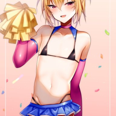 1boy, armwear, bangs, bare shoulders, bikini, bikini top, blonde hair, blush, bulge, cheerleader, crossdressing, eyebrows visible through hair, femboy, girly, legwear