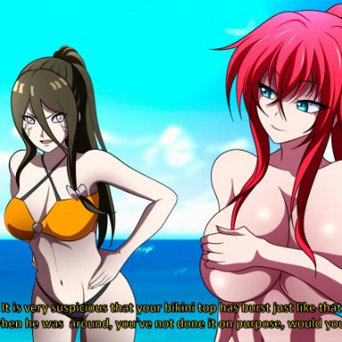 beach, bikini, black bikini, blue eyes, boruto: naruto next generations, brown hair, byakugan, covering, covering breasts, covering nipples, crossover, english text, female, high school dxd, high school dxd born