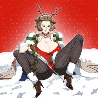 1girls, alternate costume, animal costume, animal ears, antlers, ass, beauty mark, beckoning, breasts, brown eyes, brown hair, cape, choker, christmas, christmas ornaments