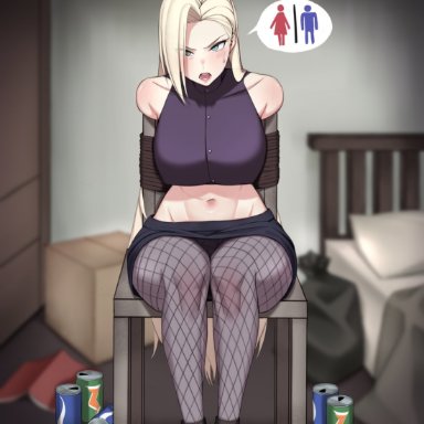 1girls, arms behind back, bedroom, blonde hair, blush, bondage, bound, breasts, chair, clothing, female, fishnet legwear, fishnets, flustered, full bladder