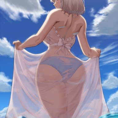 ass, azur lane, female, female focus, female only, female solo, light-skinned female, light skin, looking at viewer, looking back, looking back at viewer, maku ro, short hair, sirius (azur lane), solo