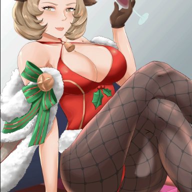 1girls, ;), alcohol, alcoholic beverage, alcoholic drink, alternate costume, animal costume, animal ears, animated, animated gif, antlers, artist name, ass, ass cheeks, bare shoulders