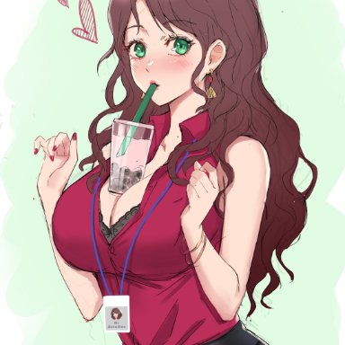 1girls, absurdres, alternate costume, black skirt, blush, bra, bra peek, bracelet, breasts, brown hair, bubble tea, bubble tea challenge, chungmechanic, cleavage, curly hair