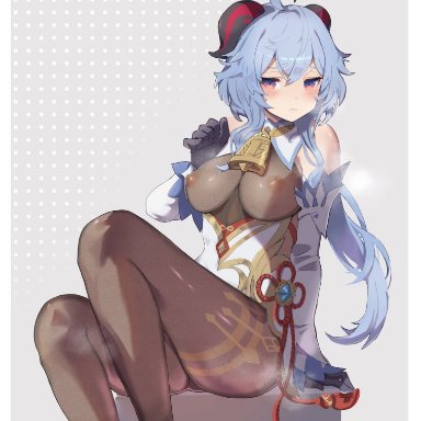 :<, ahoge, arm support, bangs, bare shoulders, bell, black gloves, black legwear, blue hair, blush, breasts, chinese knot, covered nipples, detached sleeves, eyebrows visible through hair