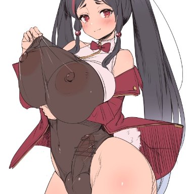 1futa, animal ears, areolae, bar censor, big breasts, big penis, black hair, blush, breasts, bunny ears, bunnysuit, censored, clothed, clothing, erection