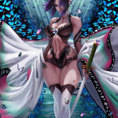 alternate costume, bare shoulders, big breasts, black hair, butterfly, butterfly hair ornament, cleavage, curvy, demon slayer, detached sleeves, feet out of frame, female, female only, haori, hlulani