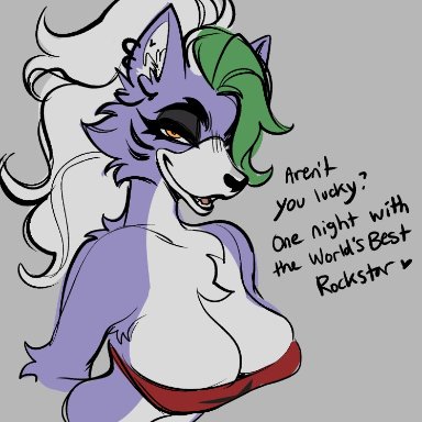 1girls, big breasts, breasts, cleavage, dialogue, female, female only, five nights at freddy's, five nights at freddy's: security breach, furry, glacierclear, looking at viewer, purple fur, roxanne wolf (fnaf), wolf