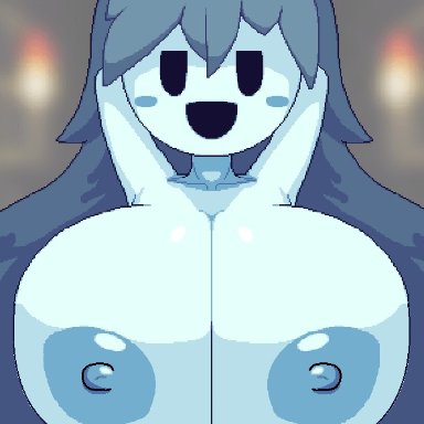 1girls, animated, arms behind head, big breasts, black eyes, blue hair, bouncing breasts, breast focus, breasts, facing viewer, female, female only, ghost, ghost girl, huge breasts