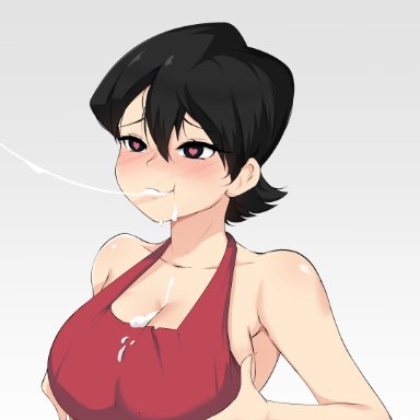1girls, 2020, after fellatio, after oral, apron, artist name, bare shoulders, black hair, blush, blush, blush lines, breast grab, breast hold, breasts, collarbone