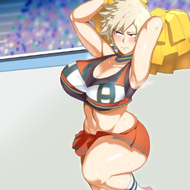 1girls, 2d (artwork), alternate costume, blonde hair, blurry background, blush, cheerleader uniform, curvaceous, curves, curvy, curvy figure, embarrassed, hi res, huge breasts, human