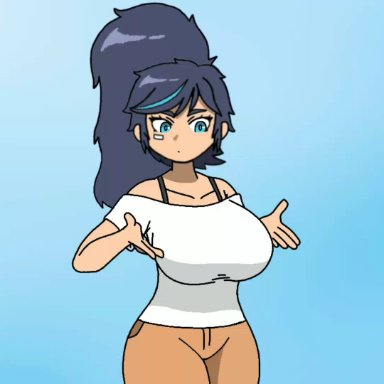 animated, bandage on face, big breasts, blue eyes, bouncing breasts, dark blue hair, female, female only, flipaclip, huge breasts, kim han yi (writers crusaders), large ass, mp4, playing with breasts, ponytail