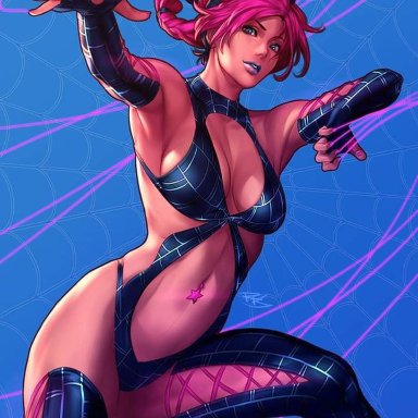 2d (artwork), artist request, belly button, belly piercing, big breasts, blue eyes, hi res, jojo's bizarre adventure, jojo pose, jolyne kujo, lipstick, nail polish, pink hair, skimpy, skimpy clothes