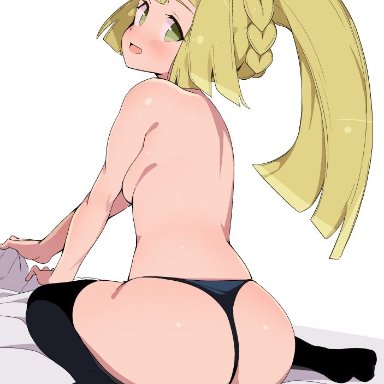 1girls, alternate hairstyle, ass, blonde hair, eye contact, female, green eyes, lillie (pokemon), looking at viewer, nintendo, panties, pokemon, pokemon sm, ponytail, sitting