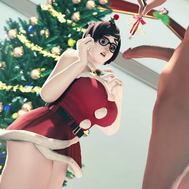 1boy, 1girls, 3d, animated, asian, audiodude, big penis, blowjob, brown eyes, brown hair, christmas, christmas outfit, christmas tree, clothed female nude male, drool