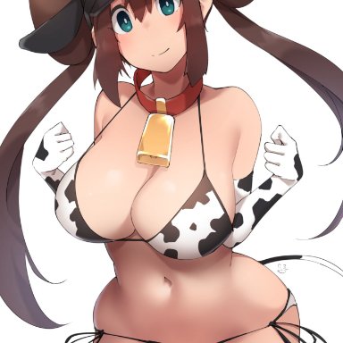 1girls, 2021, 2d (artwork), bikini, blue eyes, breasts, brown hair, choker, cleavage, cow print, cow print bikini, cowbell, female, female only, hat