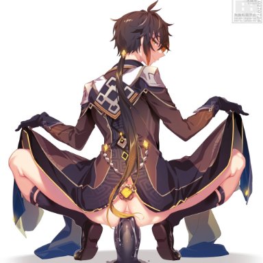 1boy, anal, anal object insertion, azuma (azuma10270724), bangs, black footwear, black gloves, black hair, black legwear, bottomless, brown hair, coat, coat hold, dildo, from behind